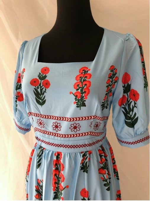 Κοντό Vintage Floral Φόρεμα Μπλε