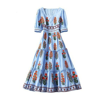 Κοντό Vintage Floral Φόρεμα Μπλε