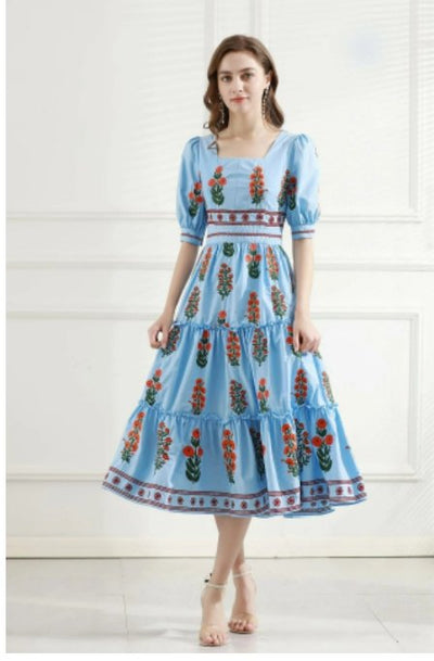 Κοντό Vintage Floral Φόρεμα Μπλε