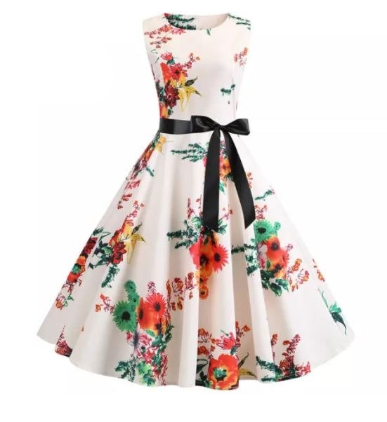 Μπεζ Και Ροζ Vintage Flared Φόρεμα