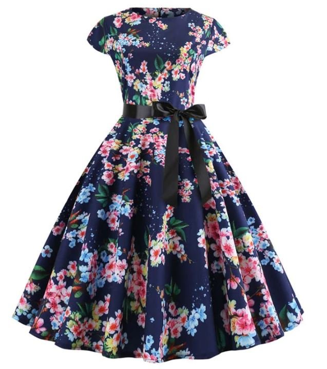 Φόρεμα Vintage Blue Little Leaves Flared