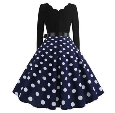 Vintage Flared Φόρεμα Navy White Πουά