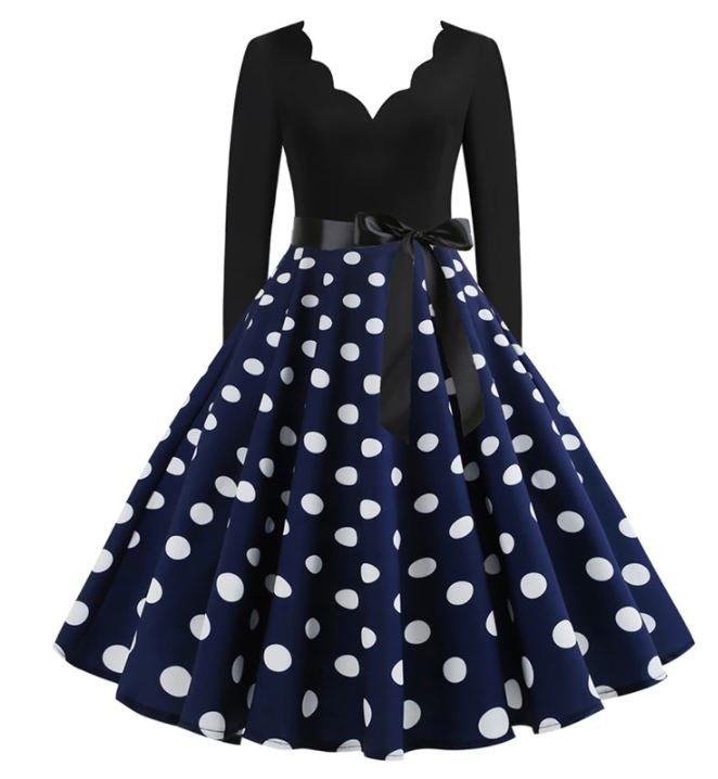 Vintage Flared Φόρεμα Navy White Πουά