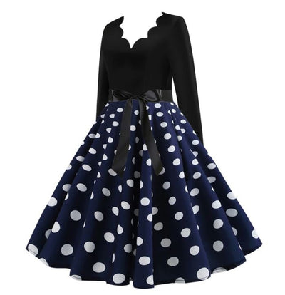 Vintage Flared Φόρεμα Navy White Πουά