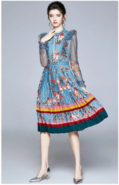 Μέντα Vintage Floral Μακρύ Φόρεμα