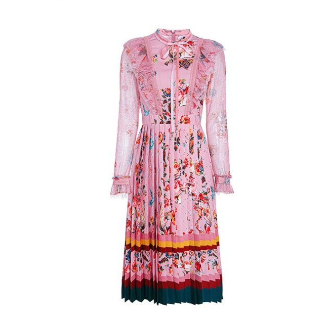 Μακρύ Vintage Floral Φόρεμα Ροζ