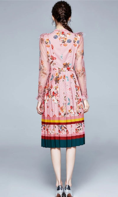 Μακρύ Vintage Floral Φόρεμα Ροζ