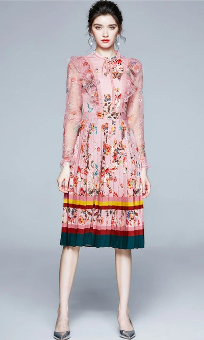 Μακρύ Vintage Floral Φόρεμα Ροζ