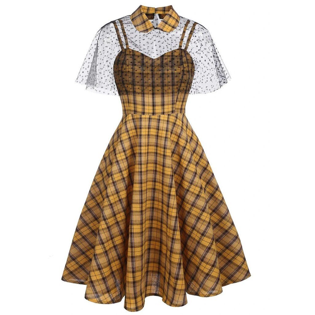 Vintage Check Φόρεμα Με Πέπλο