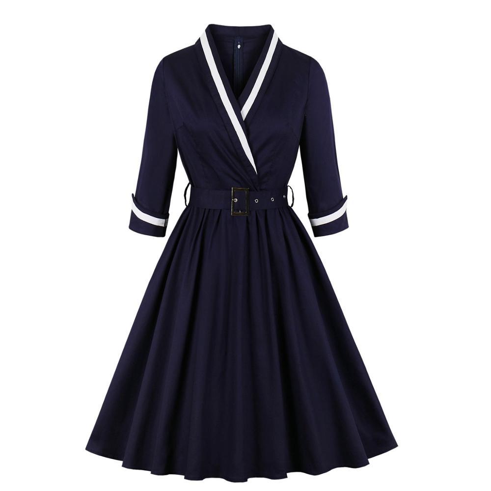 Φόρεμα Vintage Plus Size Navy V-Neck