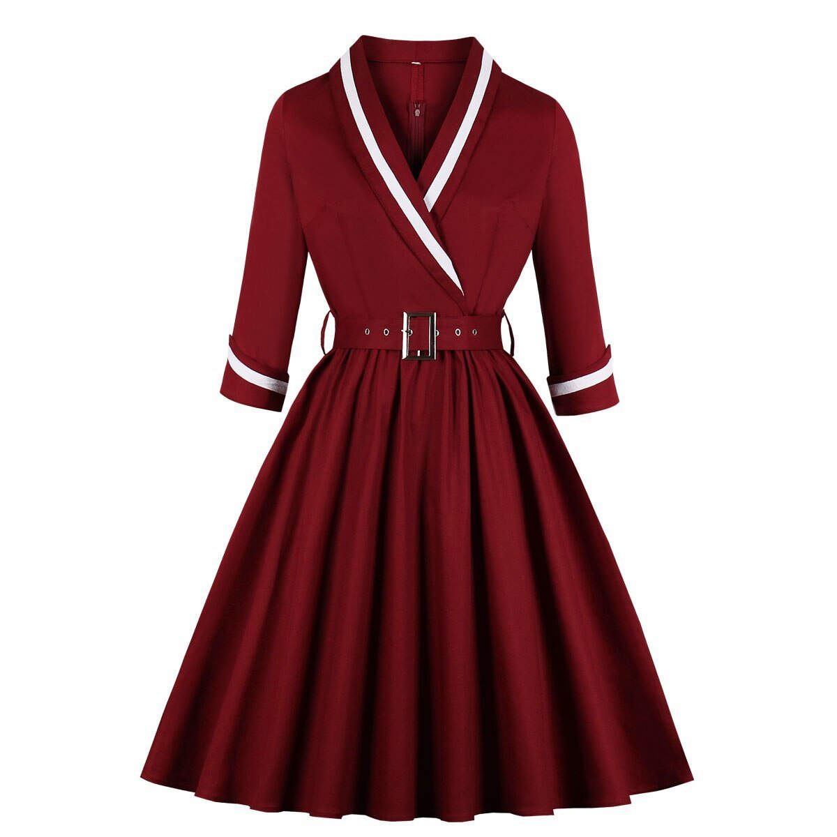 Vintage Plus Size Κόκκινο Φόρεμα Με V Λαιμόκοψη