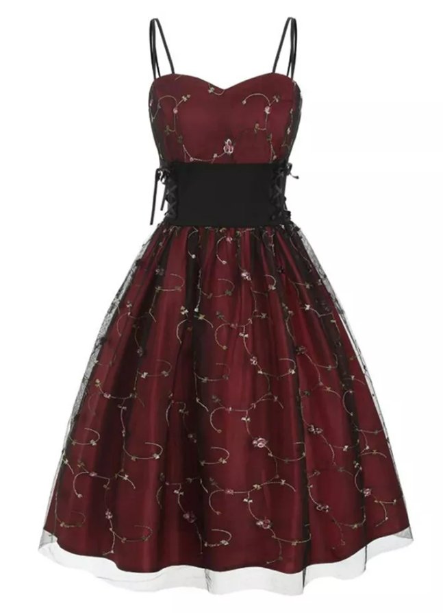 Vintage Plus Size Ψηλόμεσο Φόρεμα Βουργουνδί