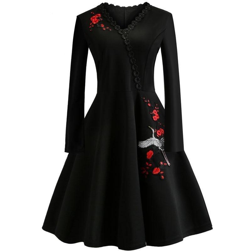 Φόρεμα Vintage Plus Size Μαύρα Κεντημένα Λουλούδια