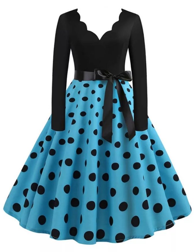 Vintage Plus Size Rockabilly Φόρεμα Μπλε Πουά
